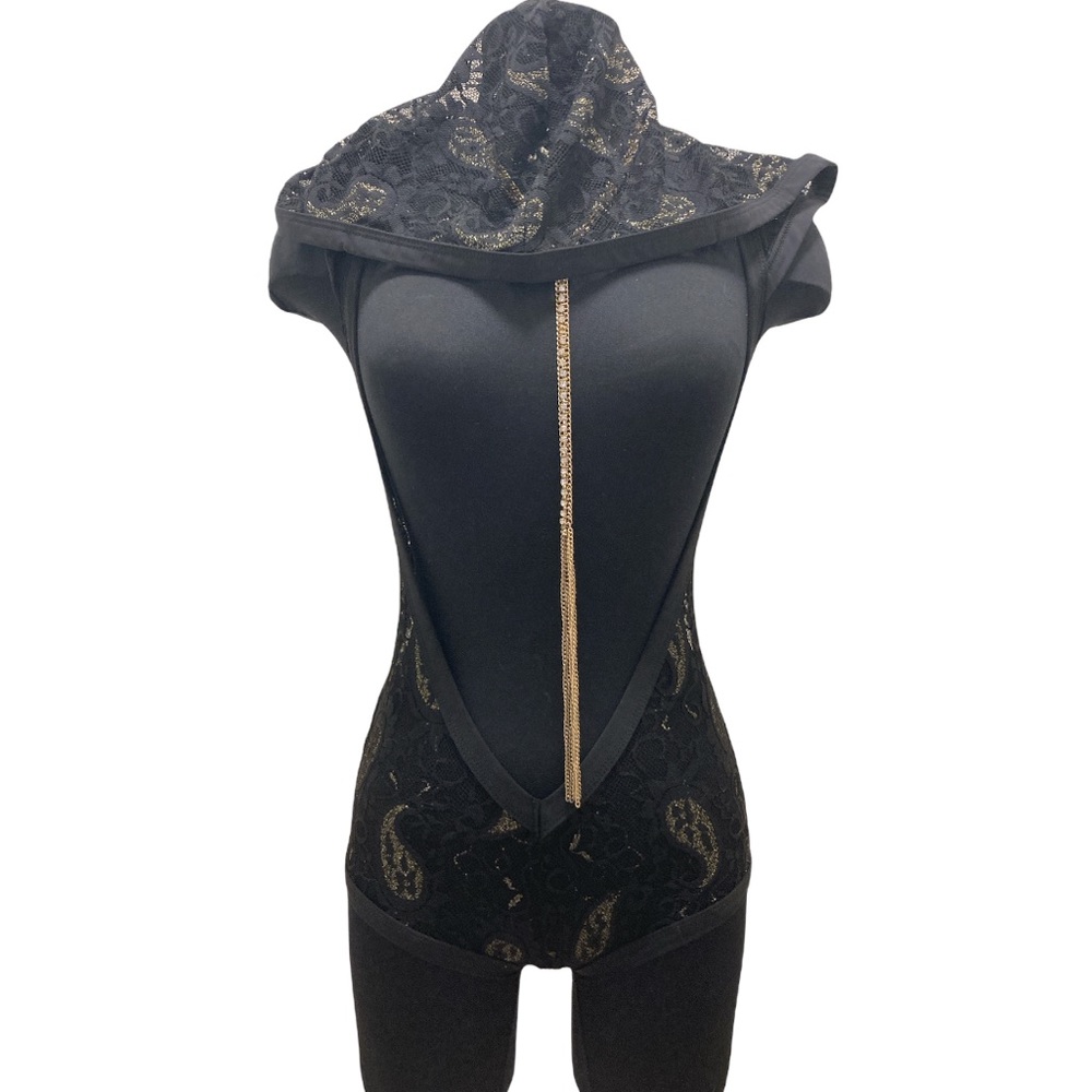 J. Valentine ~ Sheer Metallic Paisley Lace Bodysuit w/ Hoodie ~ NWT